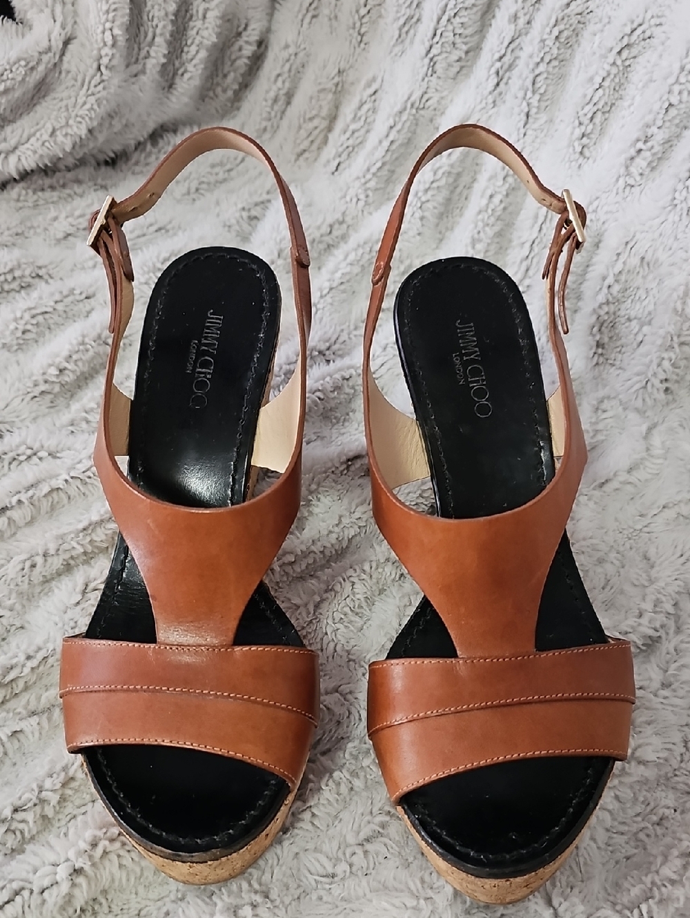Jimmy Choo Tan Leather Slingback Wedge Sandals